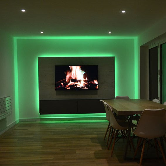 Flexible RGB LED strip for vibrant color-changing lighting. Remote control for easy smart home decor.