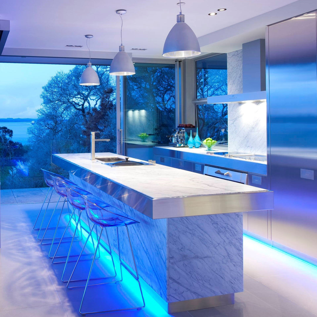 Vibrant RGB LED strip light, color-changing, remote controlled. Ideal for modern home accent decor.