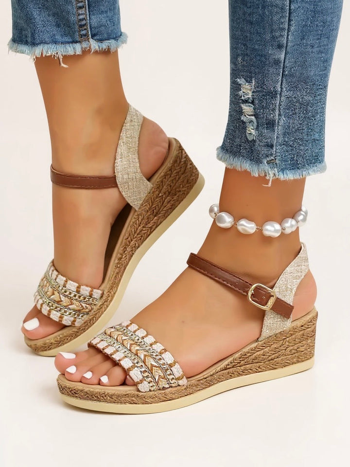 Women's braided wedge sandals with stylish open-toe design, perfect for comfortable summer wear & elegant casual outfits.