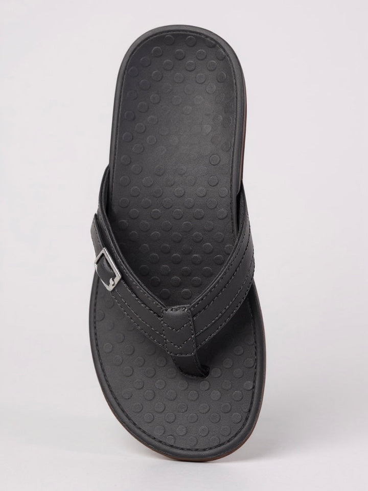 Close-up of women's casual slip-on thong sandals, featuring a soft cushioned footbed for ultimate comfort.