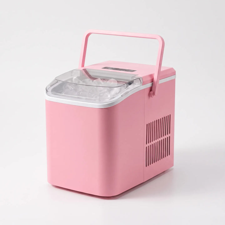 Stylish pink portable ice maker, a compact countertop appliance for quick ice production. Ideal small kitchen essential.