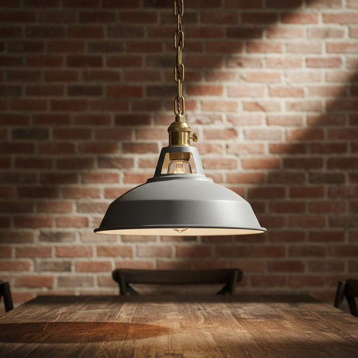 Industrial metal hanging lamp, ideal for dining rooms or kitchen island lighting.