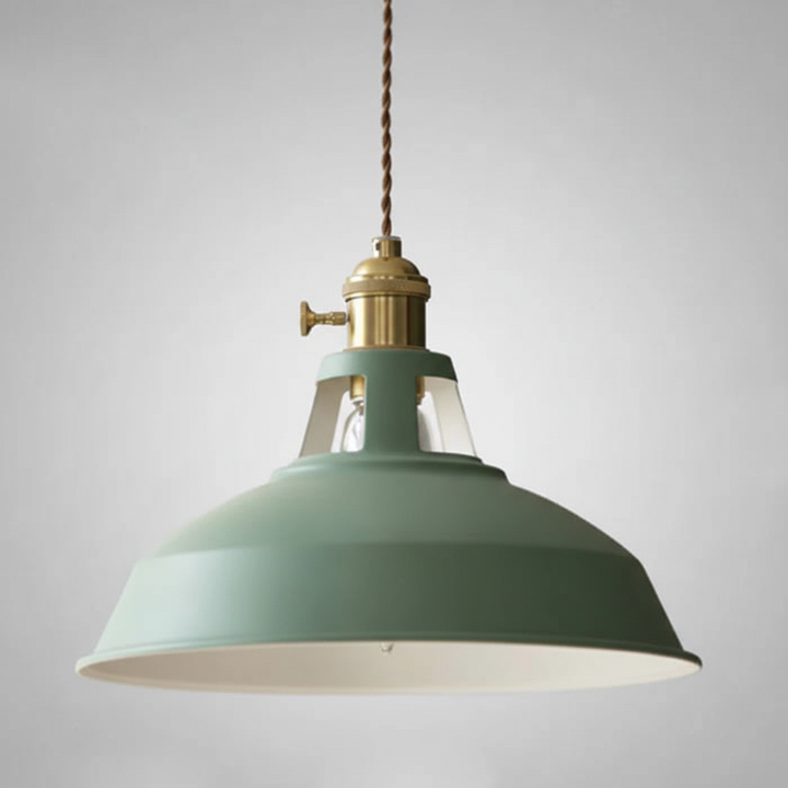 Modern farmhouse industrial metal pendant lamp for dining rooms and open living spaces.