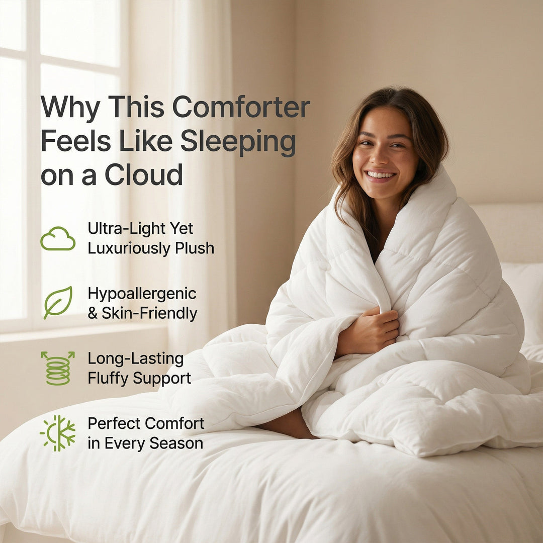 Premium unisex comforter, soft cloud design for all seasons. Lightweight microfiber bedding.