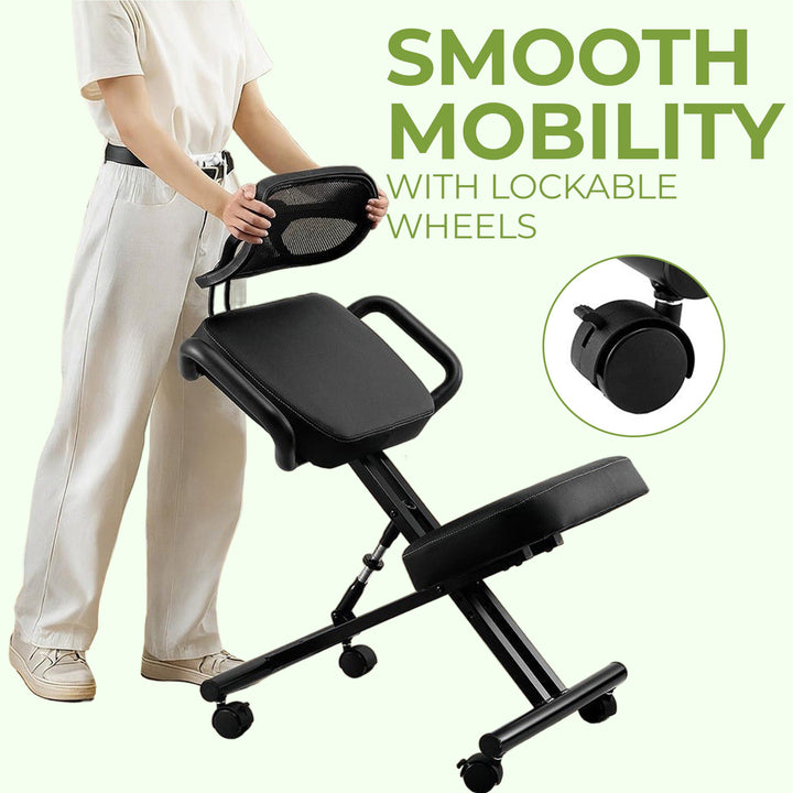 Side view of adjustable kneeling chair, showcasing its ergonomic design for improved posture & comfort.