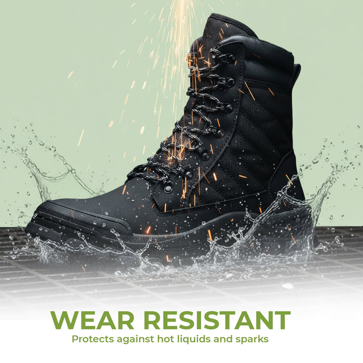 Men's industrial safety boots with steel toe protection. Black, durable, and side-zip for easy access.