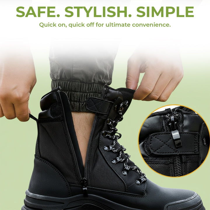 Slip-resistant men's steel toe boots. Black, durable, side zip, offering ultimate protection for work.