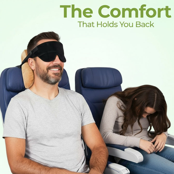 Ergonomic airplane neck pillow with plush neck support & included sleeping mask for ultimate flight comfort.