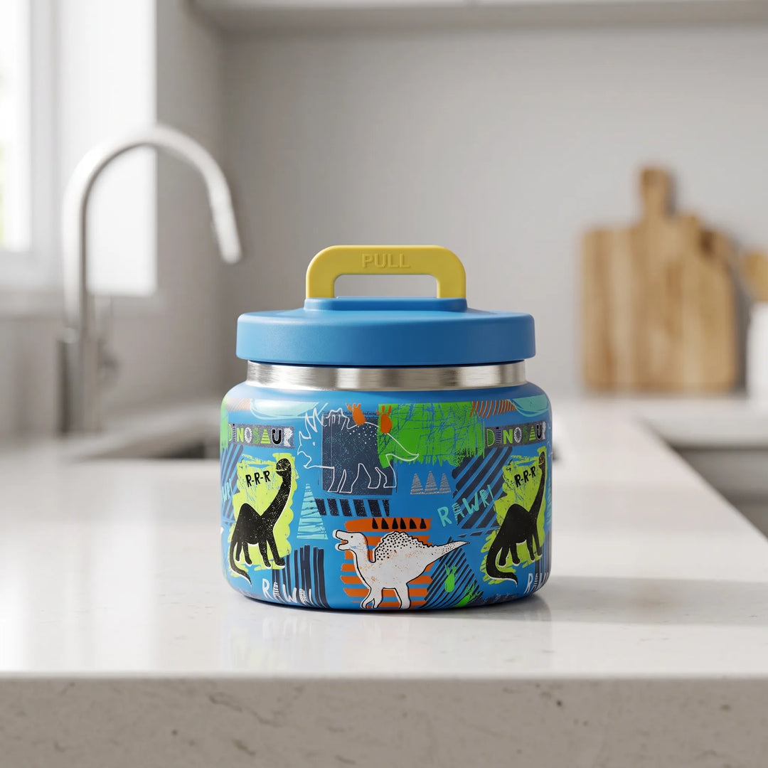 Kids' insulated stainless steel food jar for hot & cold meals. Ideal for school lunch & snacks. Leak-proof design.