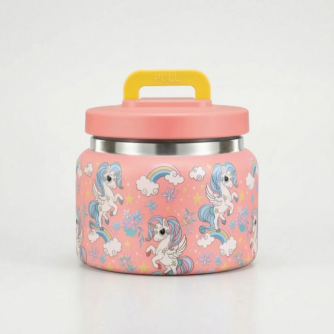 Versatile insulated food jar for children's hot soup, pasta, or cold yogurt & fruit. Stainless steel leak-proof design.