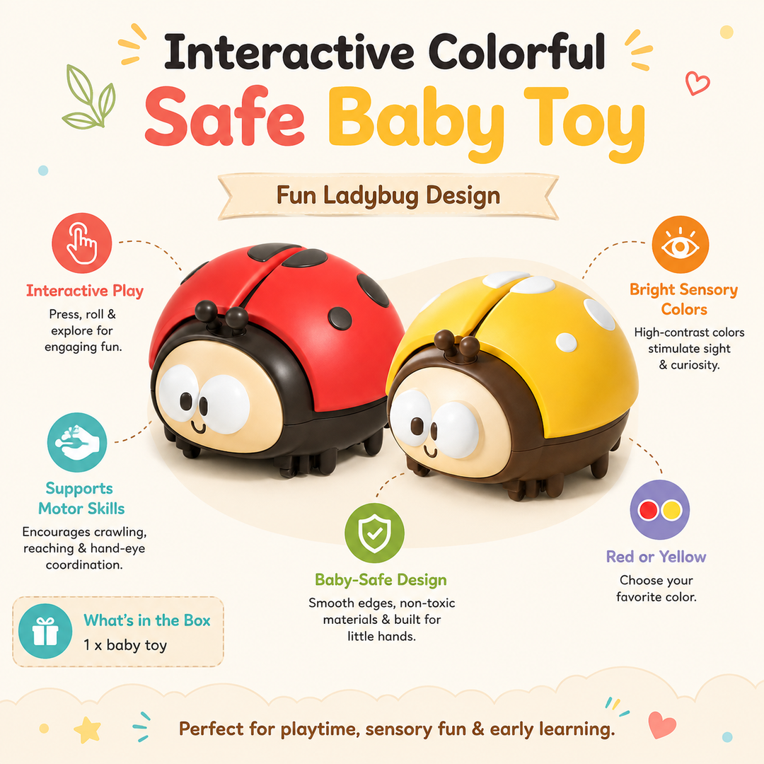 Engaging red & yellow baby ladybug toy; interactive sensory features promote infant motor skills & playtime fun.