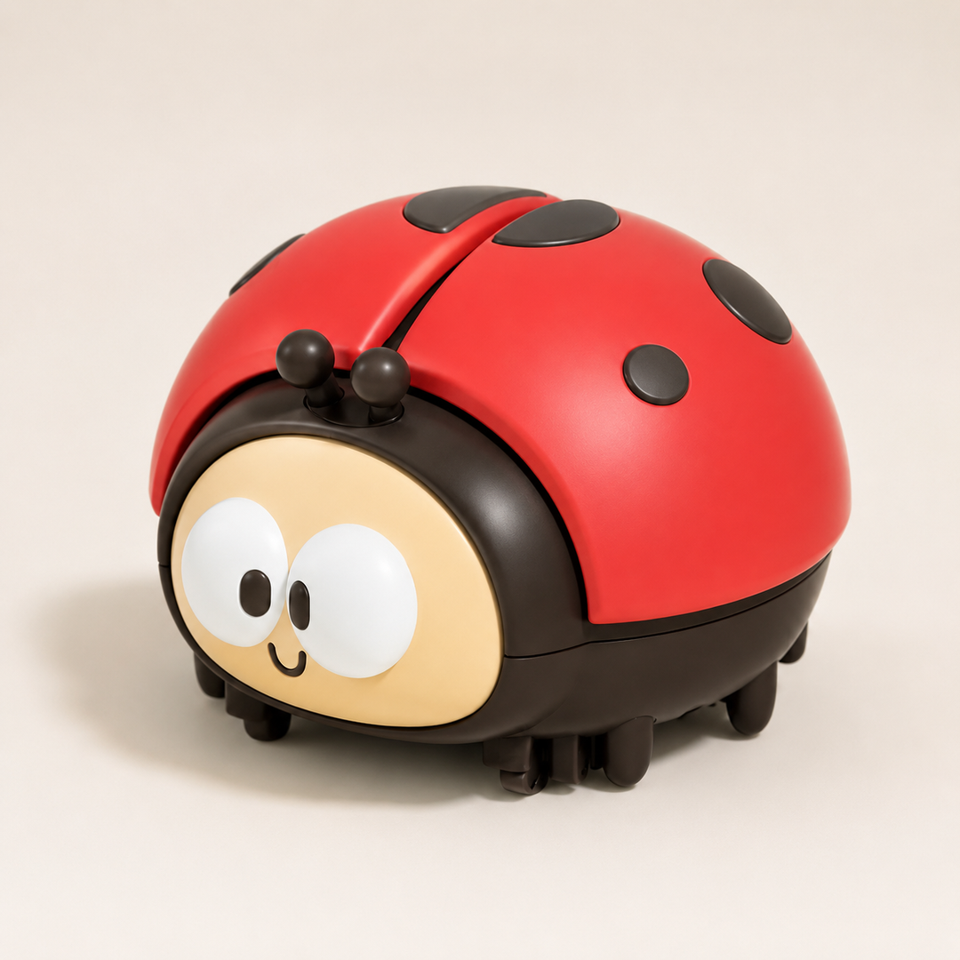 Interactive red & yellow ladybug sensory toy for babies, stimulating motor skills & early development.