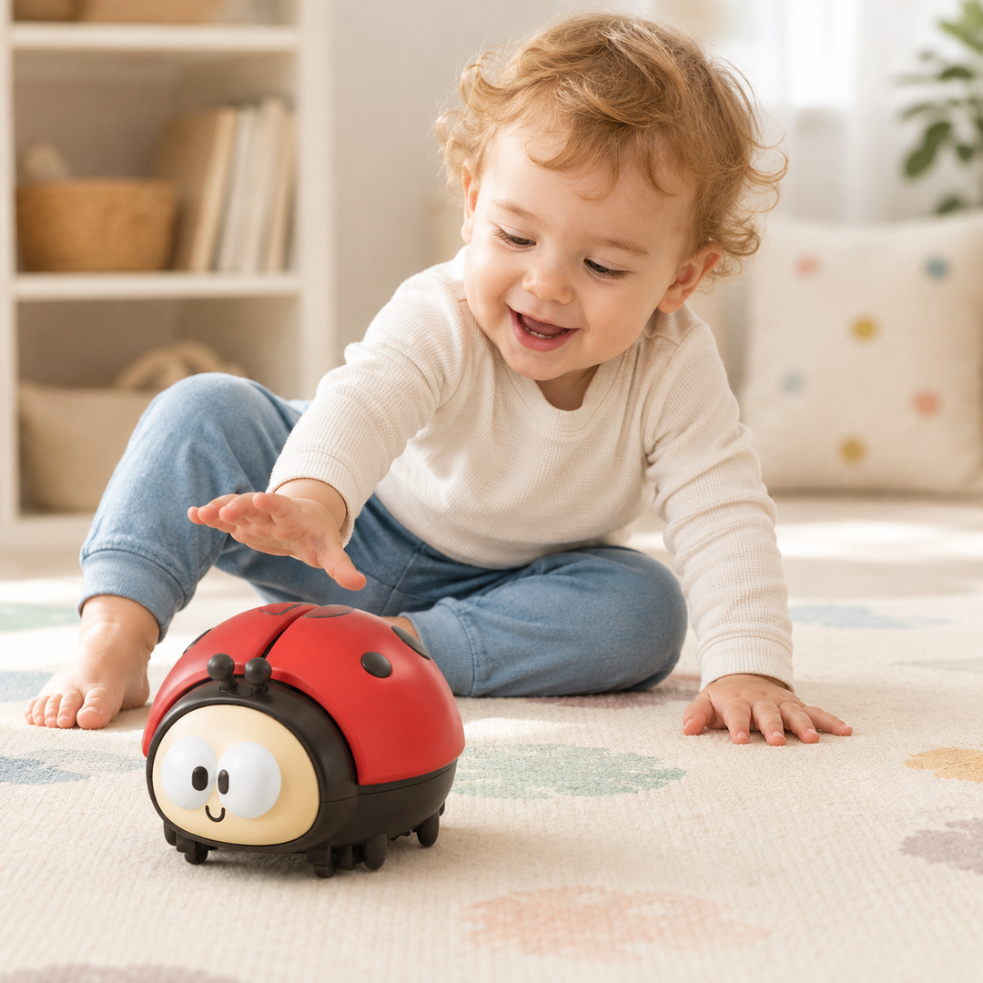 Colorful red & yellow ladybug developmental toy for babies, enhances sensory exploration & motor skills.