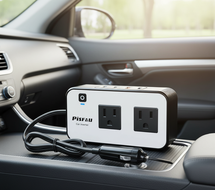 Universal 200W car power inverter with dual USB ports for charging electronics on road trips. Portable vehicle accessory.