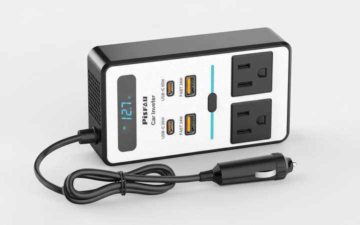 Front view of 200W car power inverter showing dual USB ports and AC outlet for charging devices in a car.