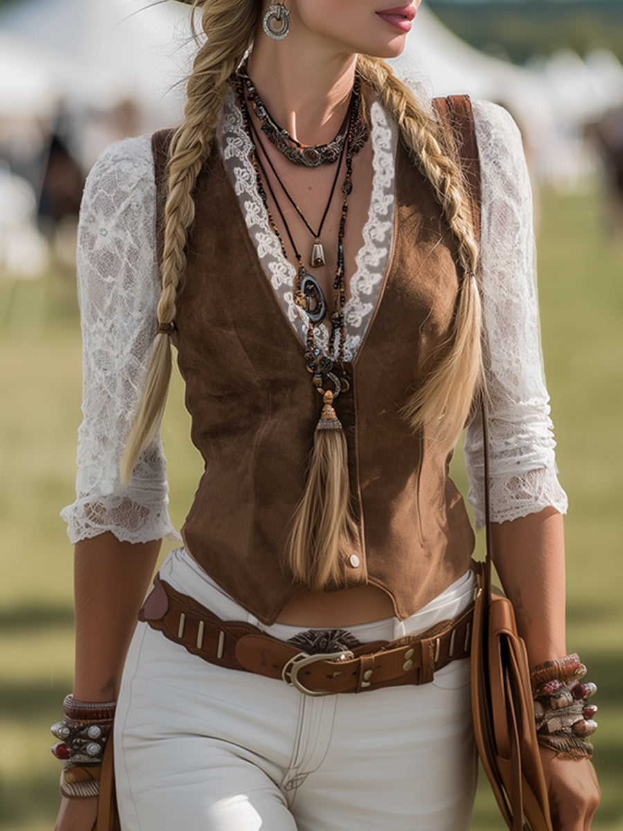Elegant Western lace blouse for women, featuring long sleeves & snap buttons. Romantic country chic V-neck top.
