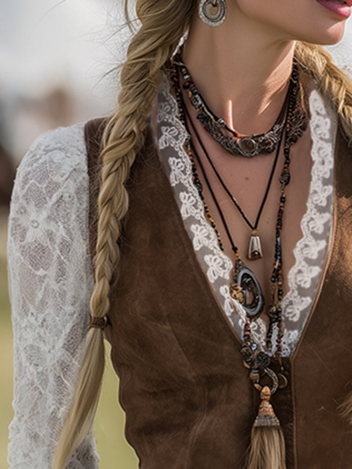 V-neck women's elegant blouse. Romantic lace and Western style long-sleeve top with snap buttons for dressy or casual.