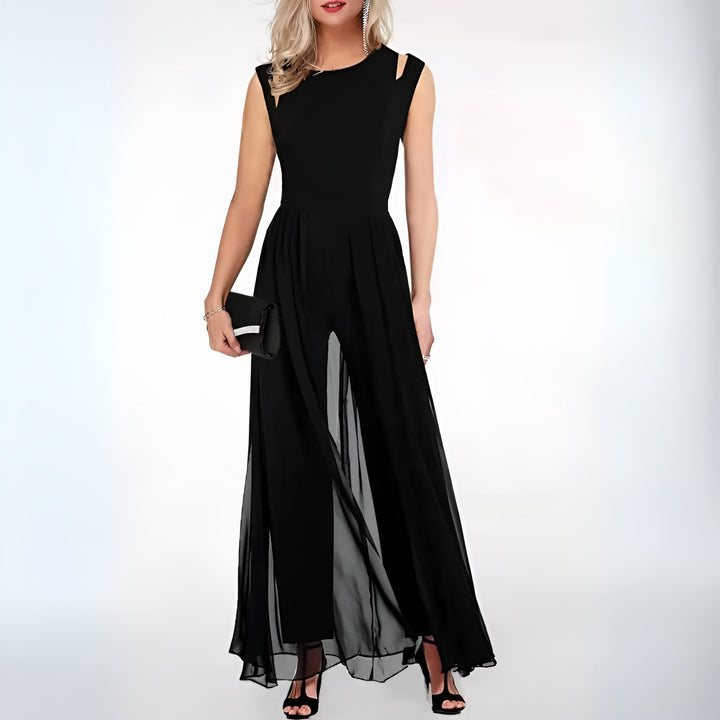 Elegant women's sleeveless party jumpsuit with chic flared wide legs, perfect for evening and formal wear.