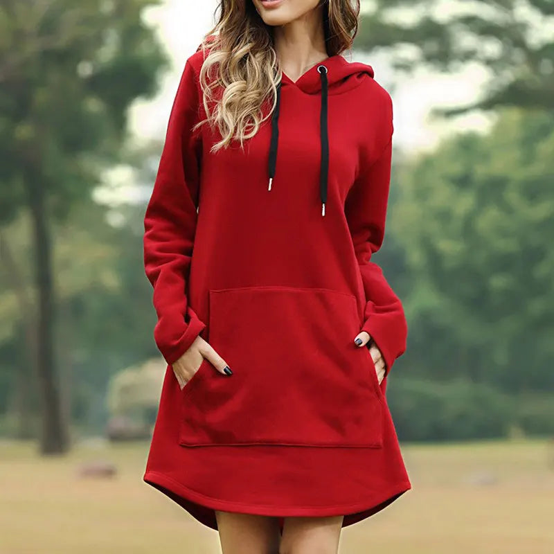 Casual women's hooded long sleeve dress, soft fabric, side pockets, ideal for everyday comfort.