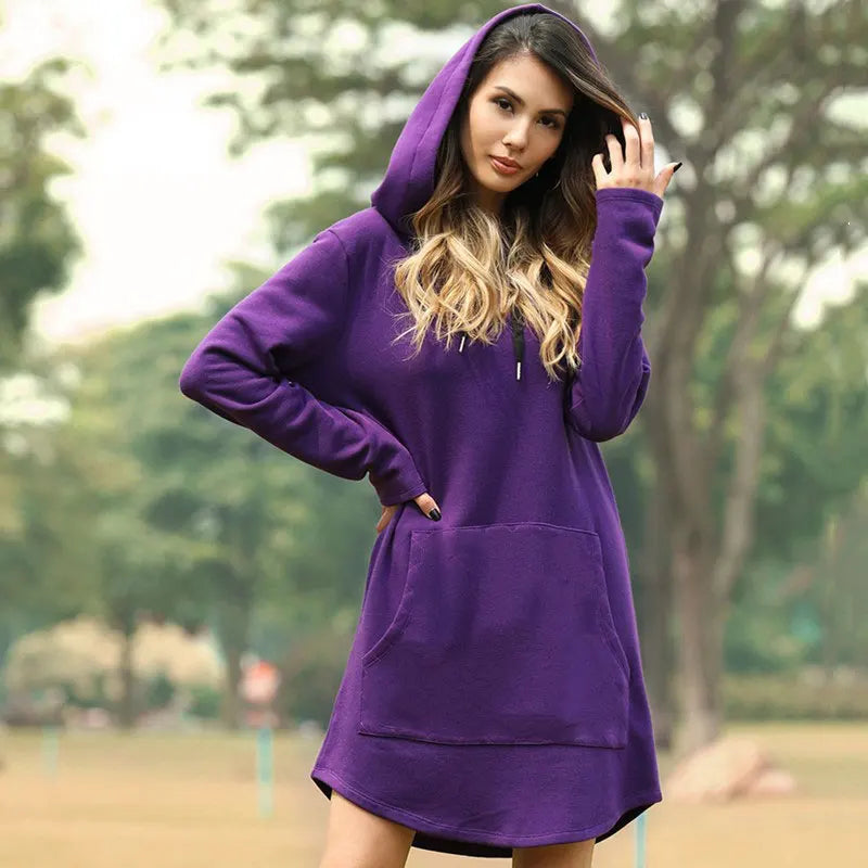 Everyday women's casual hoodie dress, long sleeves & spacious pockets, ultimate comfort.