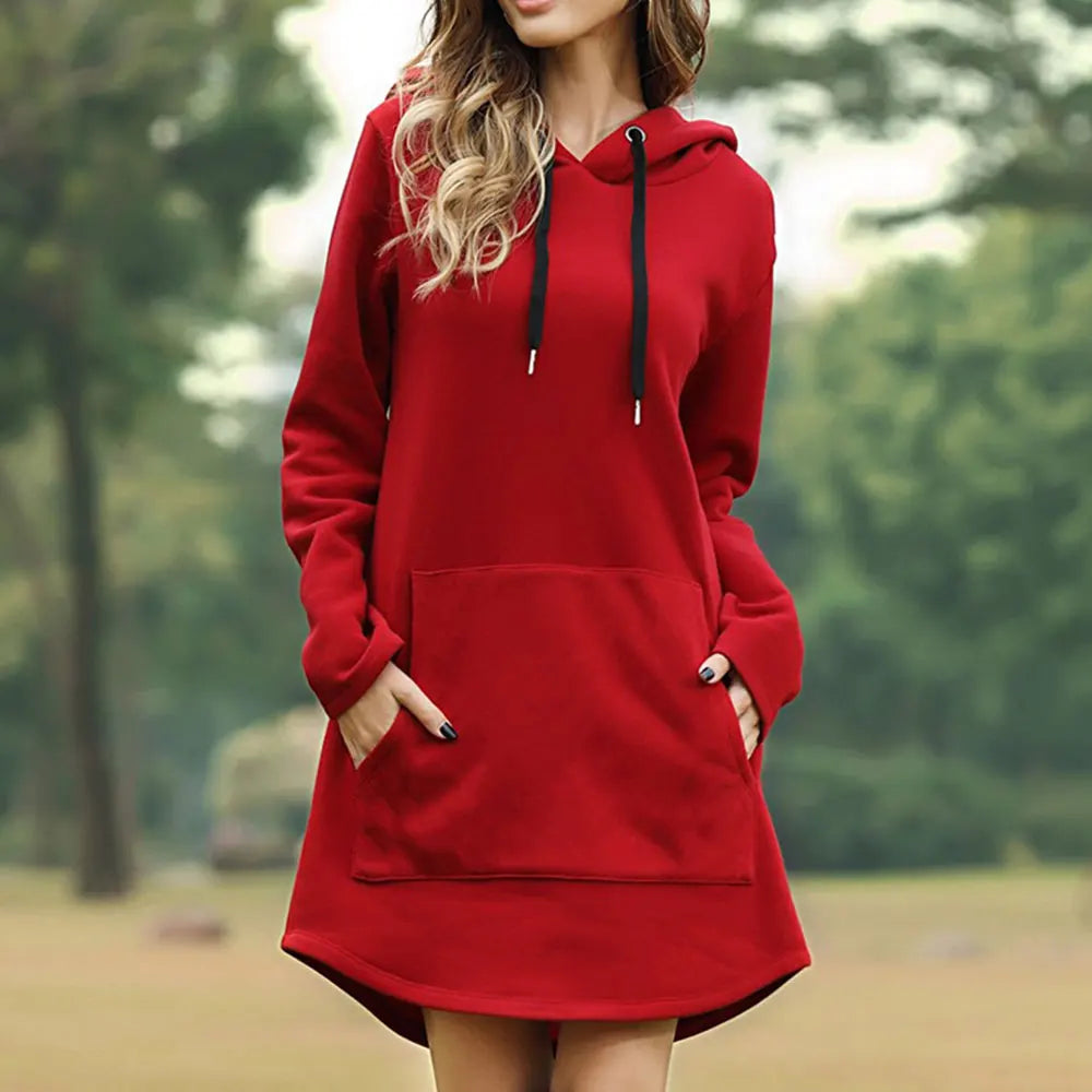 Comfortable women's oversized hoodie tunic dress, long sleeves and handy pockets for autumn.