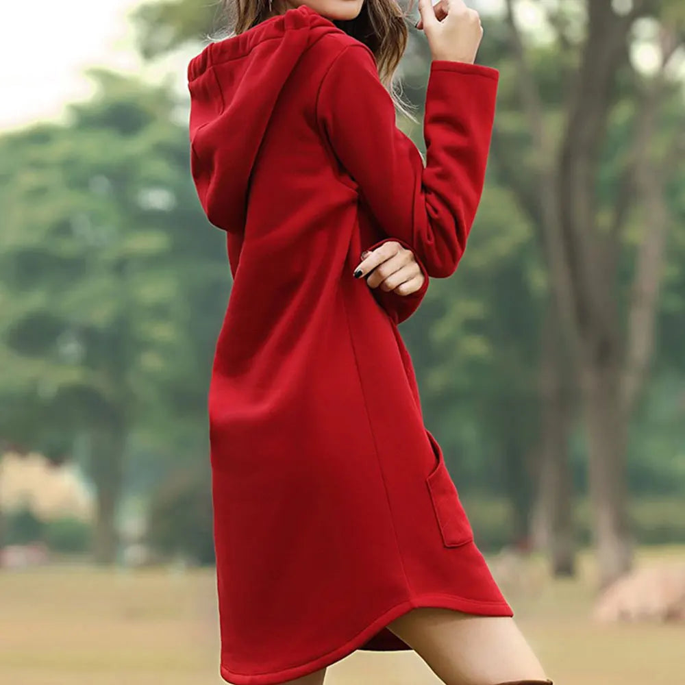 Winter style women's comfortable long sleeve hoodie dress, perfect as a tunic with pockets.