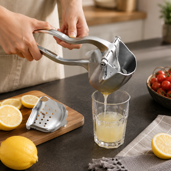 Manual citrus juicer press for fresh lemon, lime, and orange juice. Handheld kitchen tool for easy drink prep.