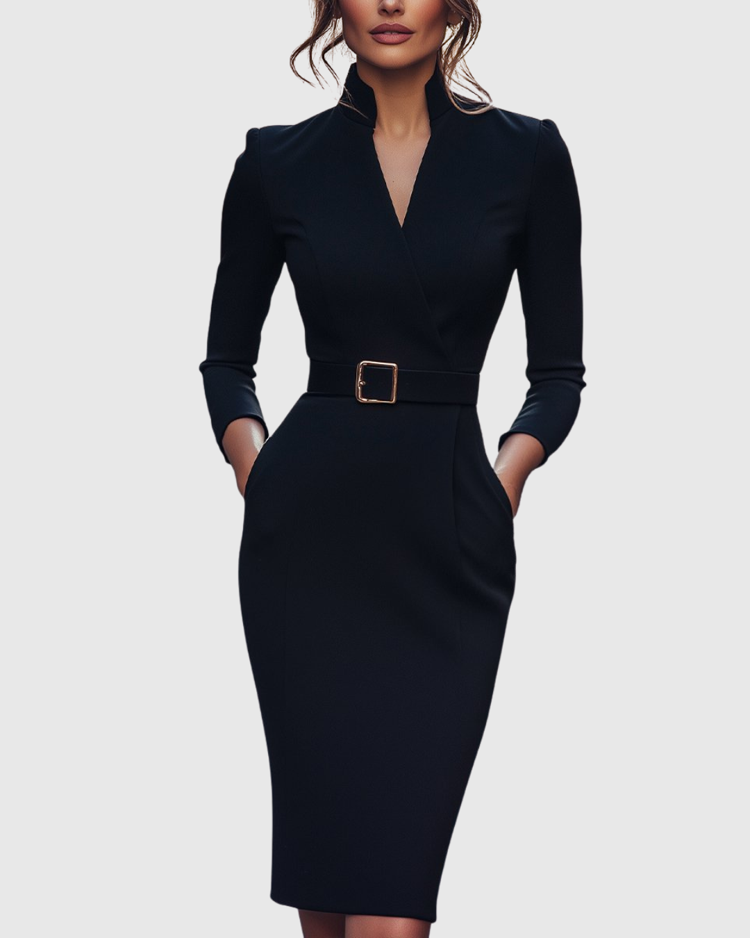 Elegant women's structured midi dress with belted waist, perfect for office or evening wear.