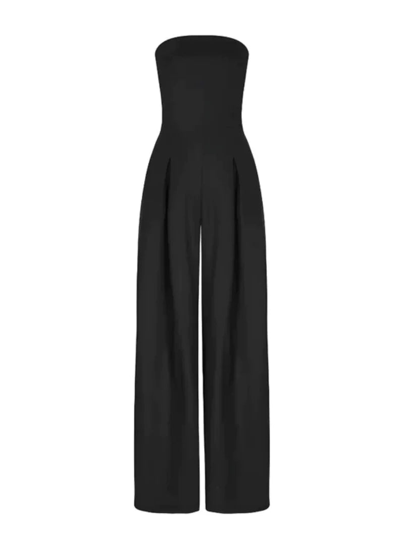 Stylish women's one-piece strapless wide leg jumpsuit, perfect for resort wear, summer parties, or elegant evenings.