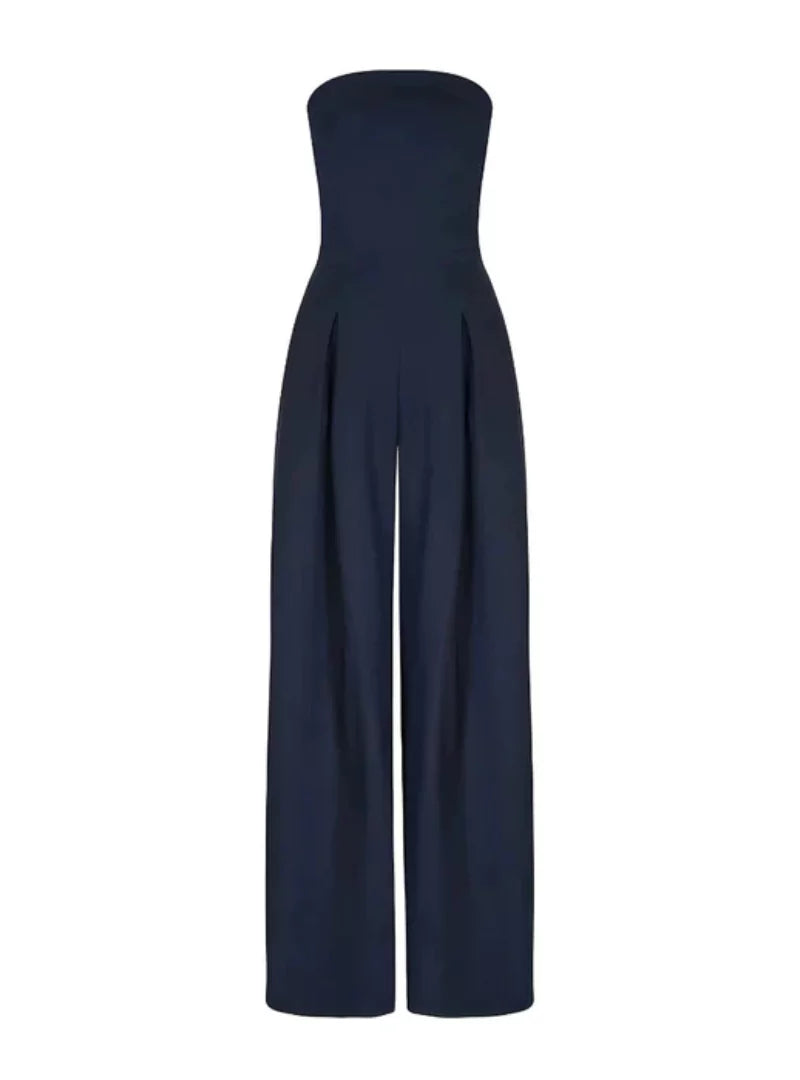 Breezy women's strapless wide leg jumpsuit, a stylish and comfortable summer outfit. Ideal for warm weather elegance.