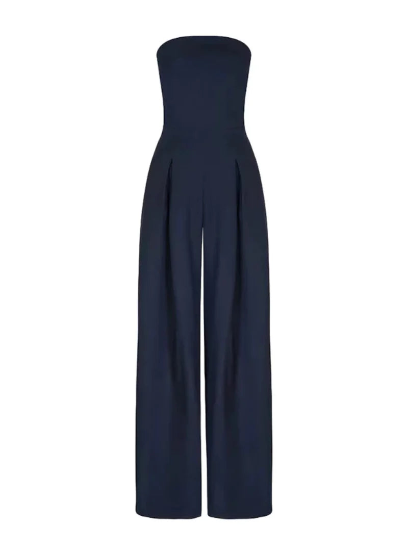Chic women's strapless wide leg jumpsuit, a comfortable one-piece with a flowing silhouette for modern summer fashion.
