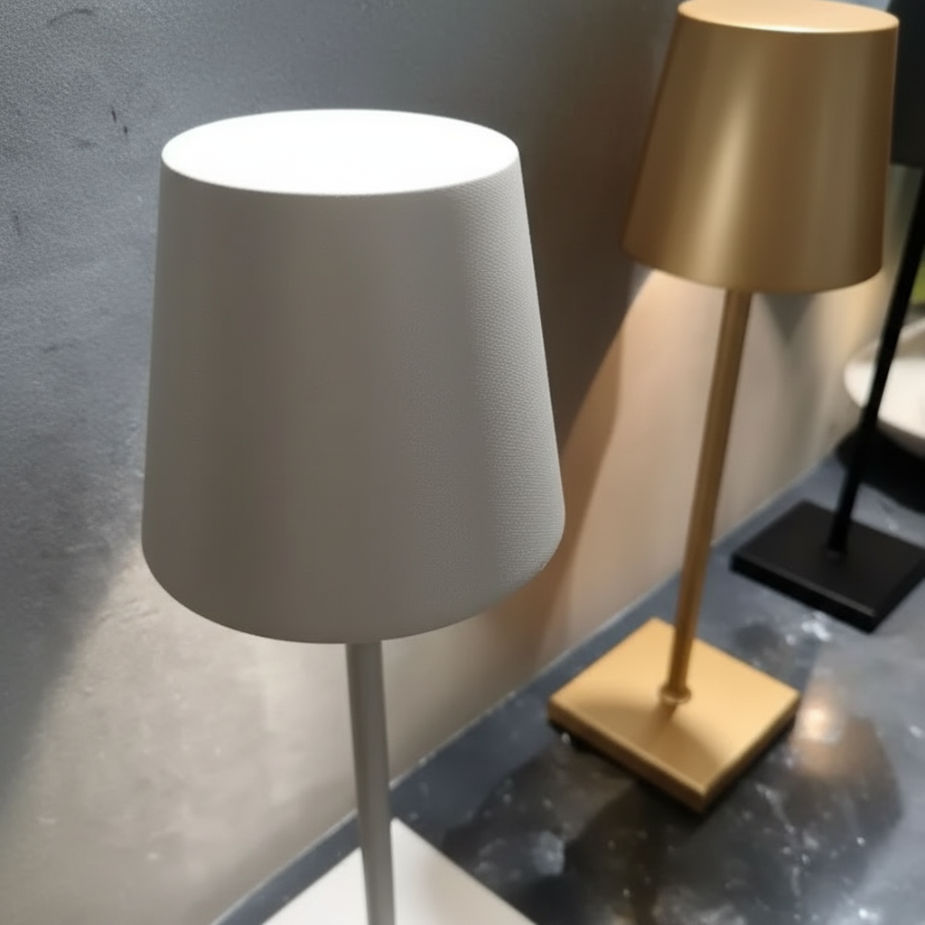 Sleek aluminum wireless table lamp with dimmable light, modern accent for home or patio.