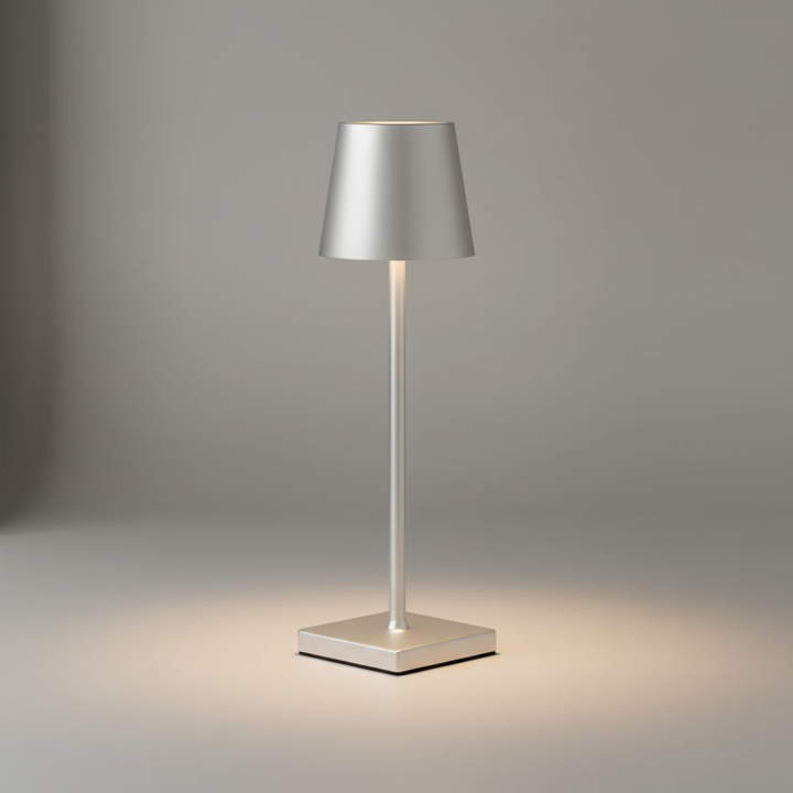 Rechargeable wireless dimmable aluminum table lamp, ideal portable lighting for indoor/outdoor use.