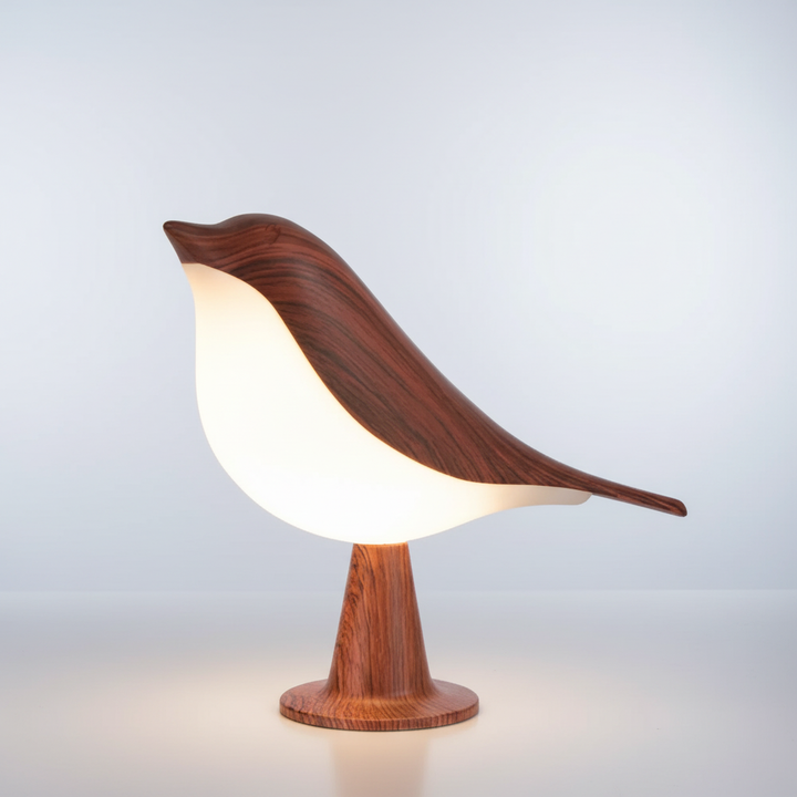 Modern FeatherLuxe wireless LED table lamp on a living room side table, creating a warm, inviting glow.