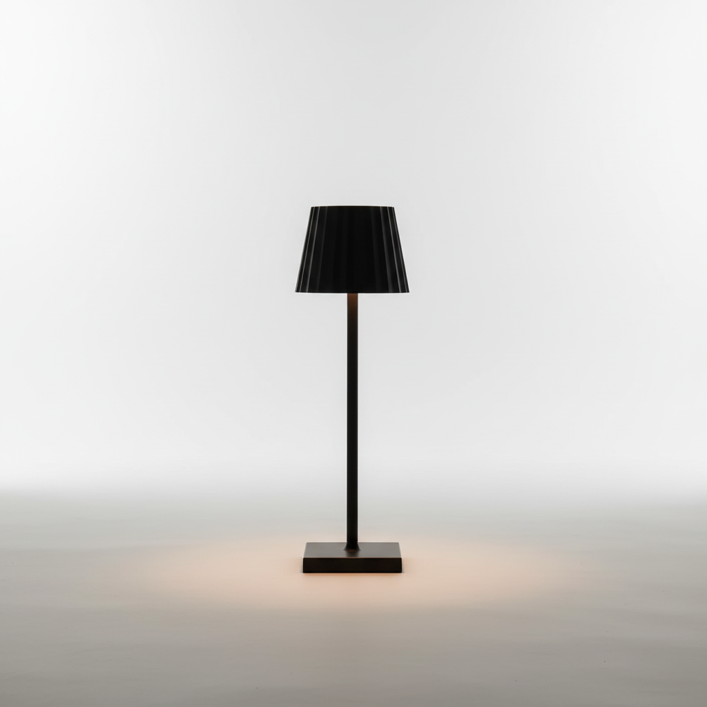 Scandinavian style aluminum LED table lamp with touch control. Perfect portable indoor & outdoor accent lighting.