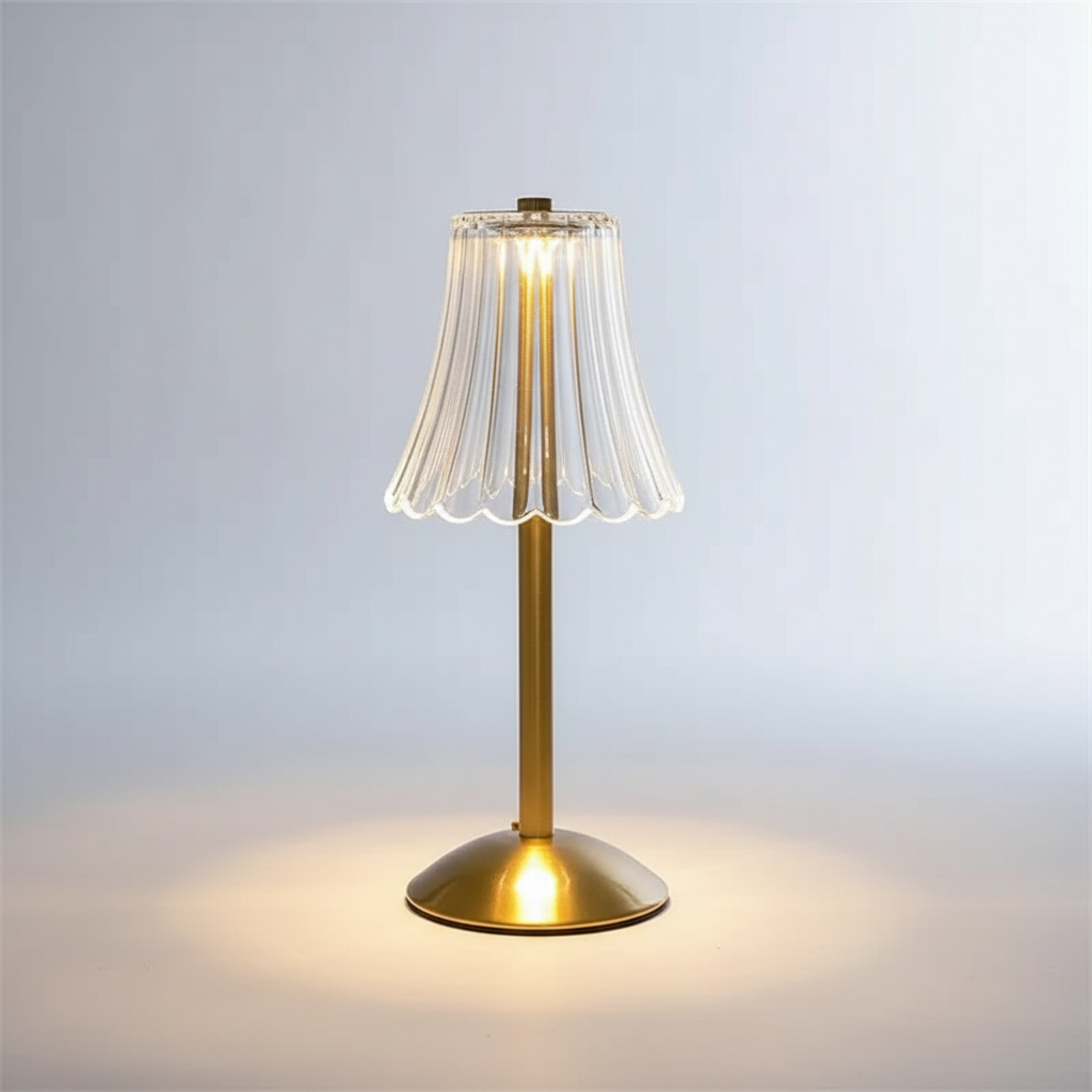 Rechargeable wireless LED table lamp, Champalight, offering portable ambient lighting for any room or outdoor space.