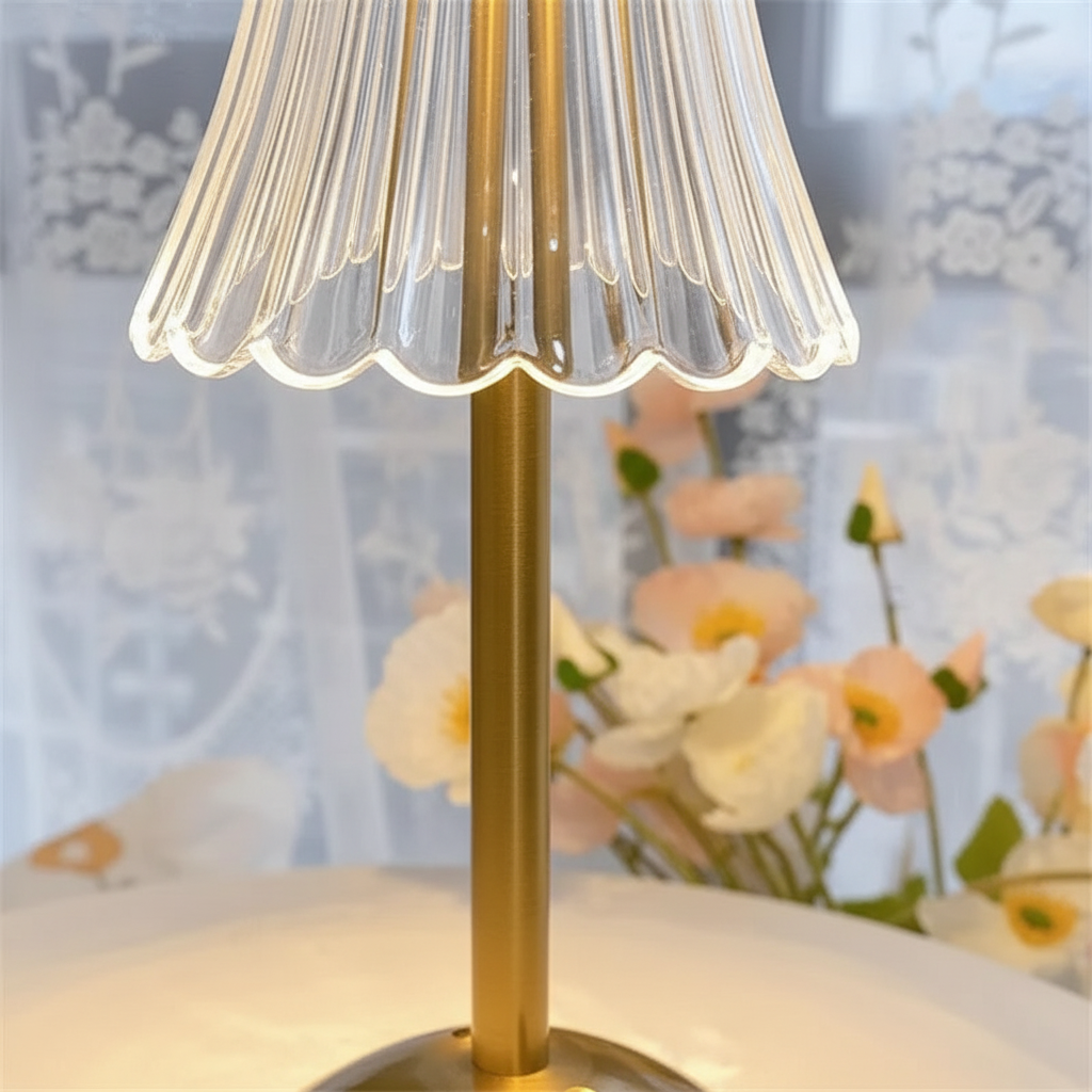 Elegant Champalight LED table lamp with crystal decor, providing dimmable, warm ambient light for a cozy bedroom.