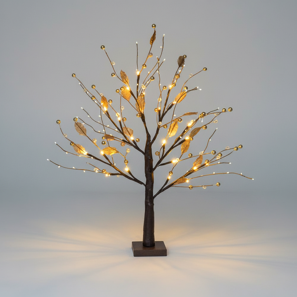Modern wireless LED tree lamp with warm light, a battery-operated decorative piece for charming ambient indoor lighting.