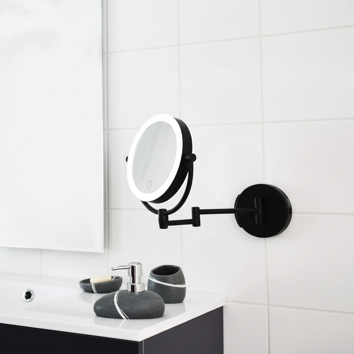 Cordless rechargeable makeup mirror with 3x magnification and dimmable LED light.