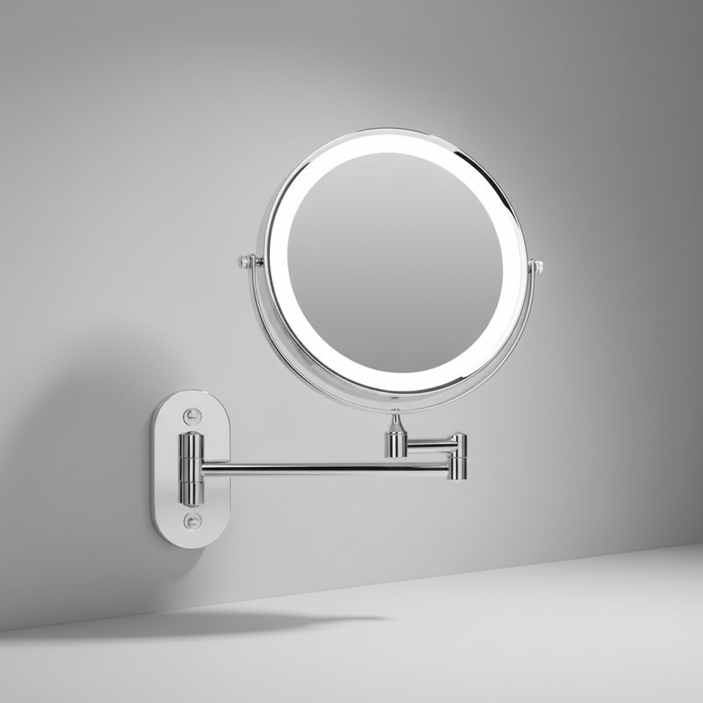 Modern vanity mirror, 3x magnified, rechargeable, with adjustable LED brightness.