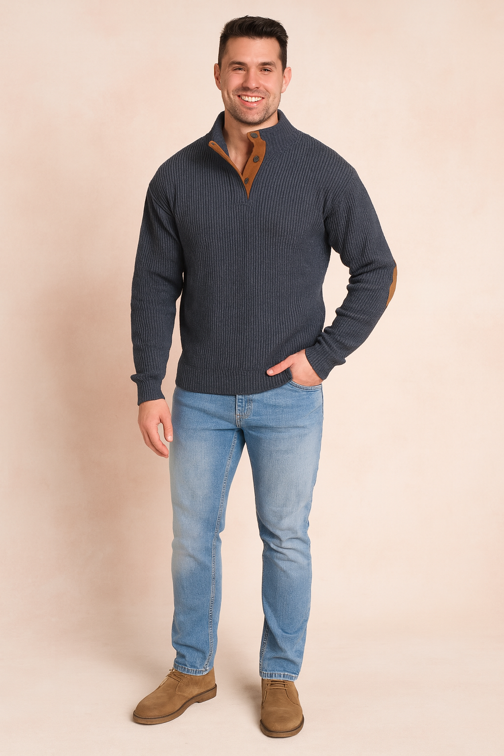 Cozy men's long-sleeve retro ribbed pullover knitwear. Features button placket & suede elbow patches for fall/winter.