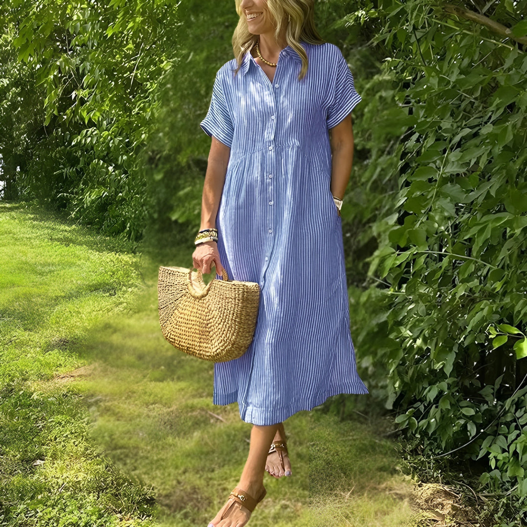 Comfortable long sleeve striped midi dress for women, perfect for casual elegance and everyday winter fashion.