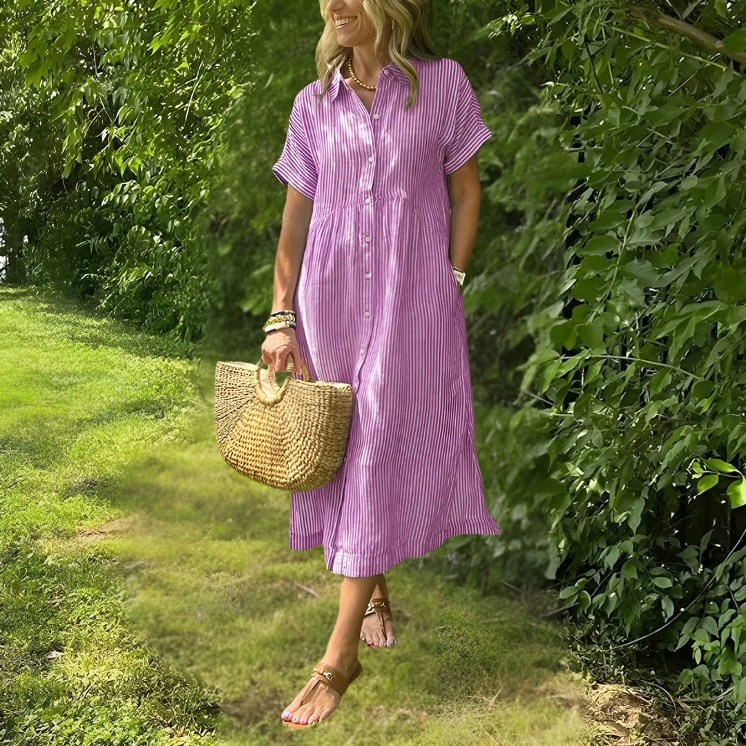 Versatile women's long sleeve striped midi dress, designed for comfortable everyday wear and casual elegance.