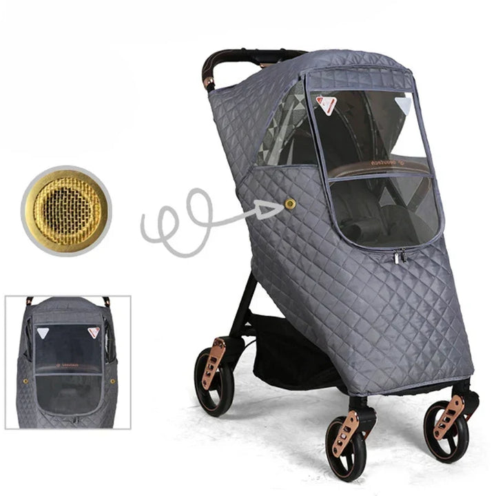 Clear rain cover for stroller, shields baby from wind & rain. Essential weather protection for outdoor travel.