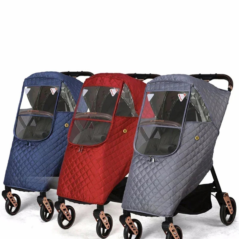 Transparent universal stroller weather shield, offering clear view & complete protection for baby on the go.