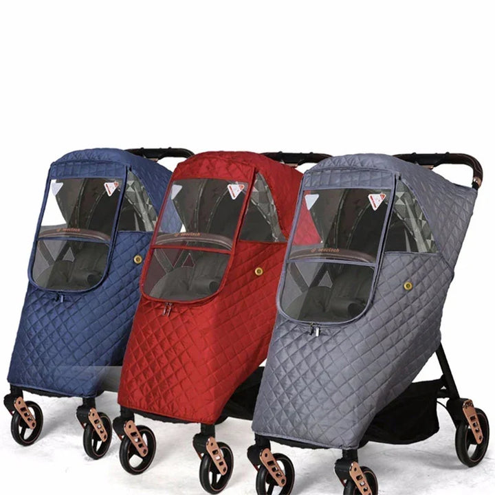 Transparent universal stroller weather shield, offering clear view & complete protection for baby on the go.