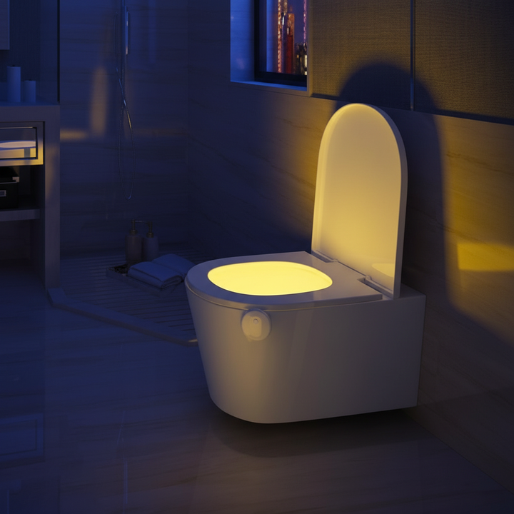 Smart motion sensor LED toilet bowl light for hands-free nighttime bathroom illumination & safety.