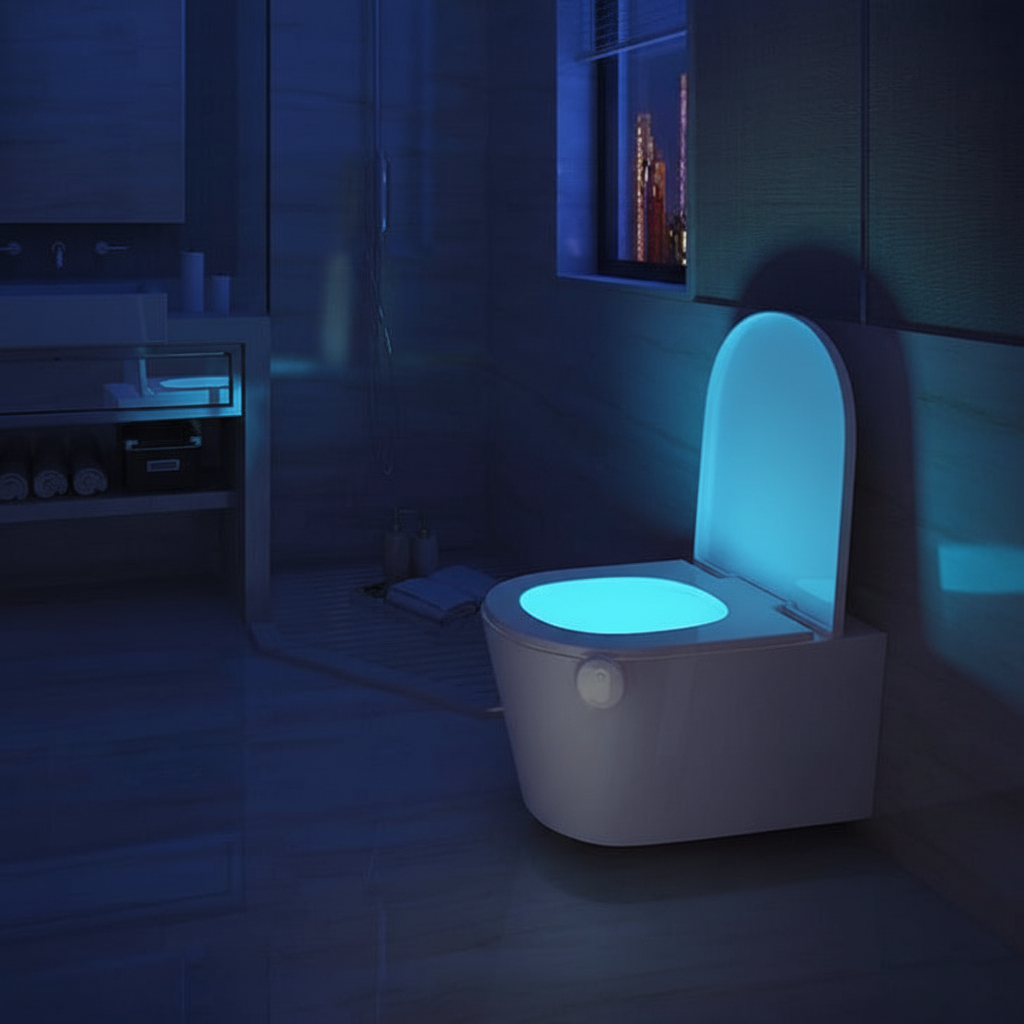 Colorful LED toilet nightlight with motion sensor for safe, convenient, & soft glow in bathroom.