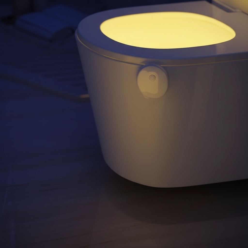 Compact LumiBowl motion sensor LED toilet light; smart bathroom accessory for safe, gentle illumination.