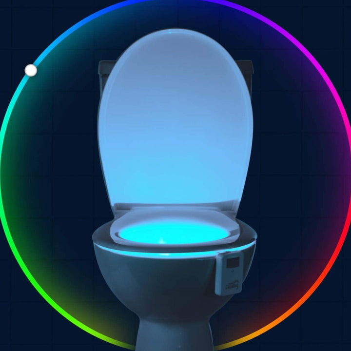 Hands-free motion sensor LED toilet bowl light, providing colorful or soft ambient lighting for night.